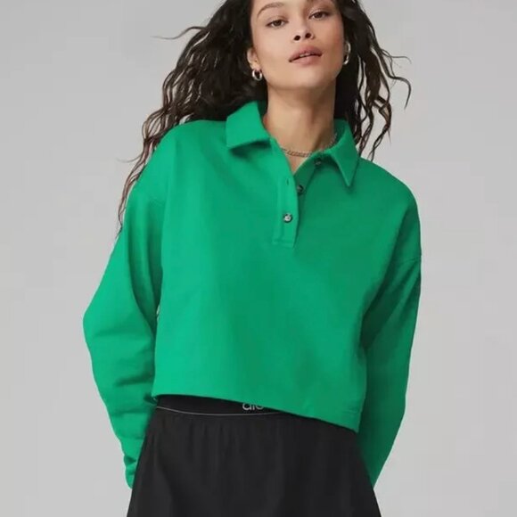 ALO YOGA Polo Henley Fleece Sweatshirt Top in Green Medium - Picture 1 of 2